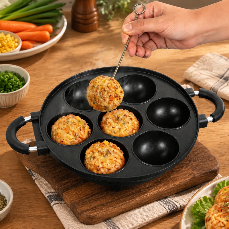 Mini Pancake Griddle - パンケーキボールやたこ焼きを作るための、焦げ付き防止加工が施された7個の型が付いたアルミ製型。家庭での焼き菓子作りに最適。