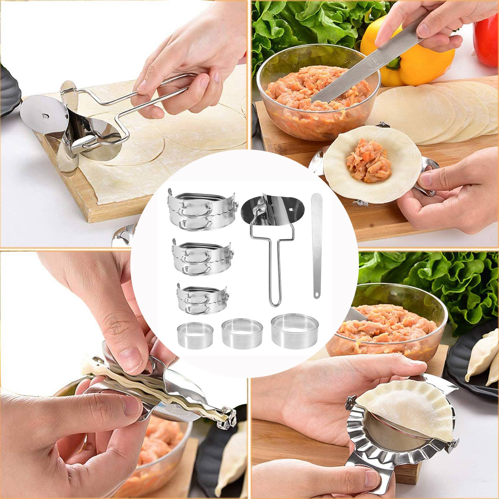 Dumpling Press Set - ABKW製 餃子メーカー 8個入り、中華風ワンタンや餃子の皮を作るためのプレス型とカッターのセット