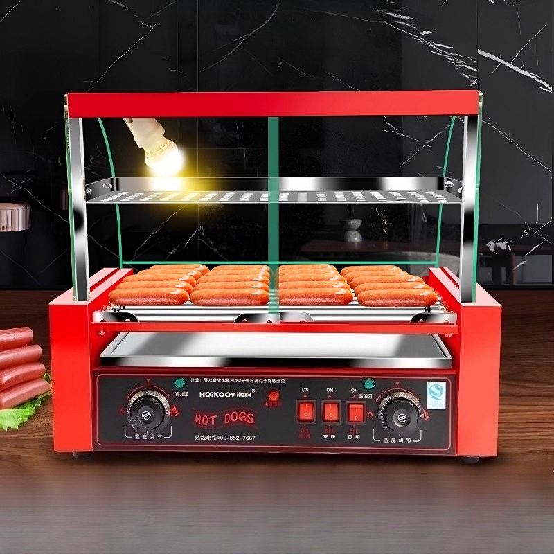 Hot Dog Press - 業務用7本焼きソーセージグリルマシン 1050W デュアル温度制御 全自動ホットドッググリル ホットドッグマシン