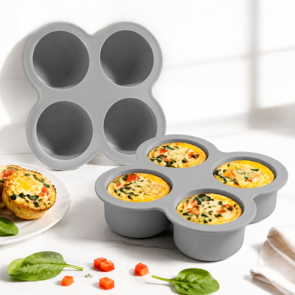 Egg Waffle Pan - エアフライヤー用エッグモールド2個セット、4カップシリコン製ベーキングパン、ノンスティック加工、エッグバイト、カップケーキ、マフィン、タルト、フリッタータ、キッシュ用アクセサリーツールセット