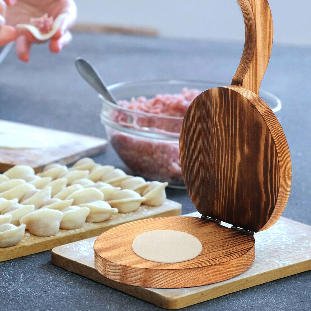 餃子ラップ、チャパティ用の木製生地製造装置、回転 - Dumpling Press Set のレビューと価格